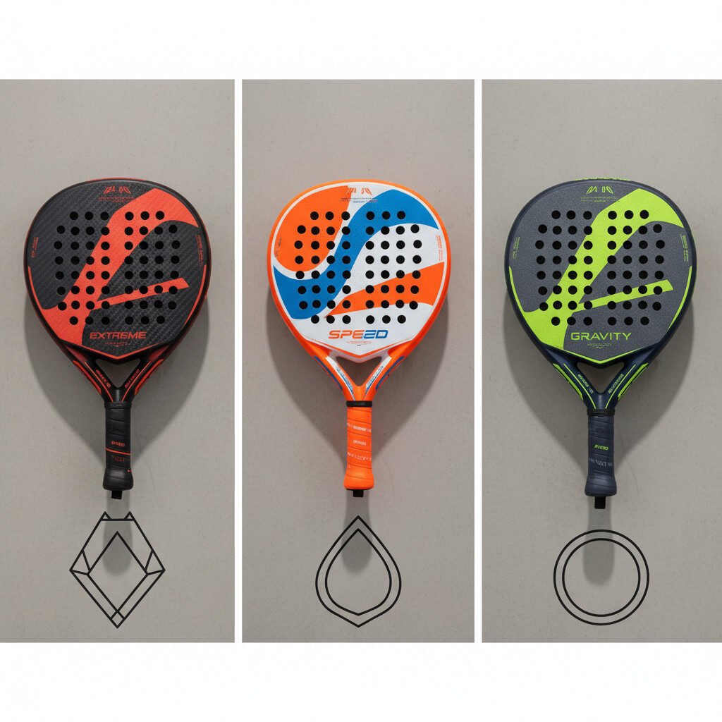 Comparison of Extreme, Speed, and Gravity padel rackets with distinct shapes