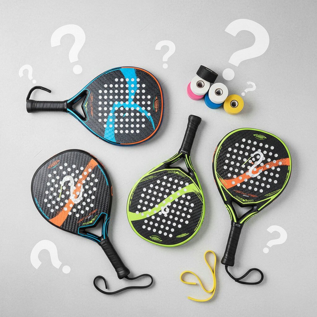 Various padel rackets and grips illustrated for FAQ section