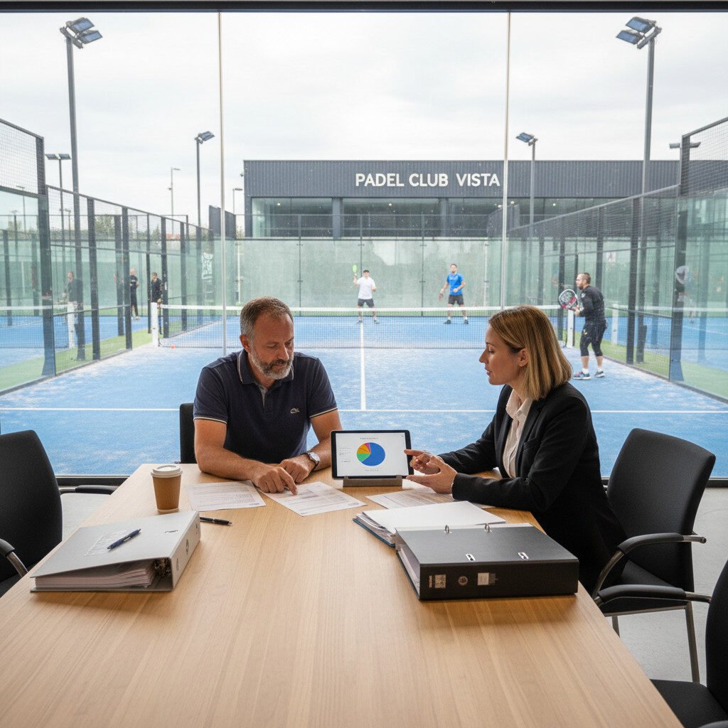 Padel club manager discussing insurance options with expert advisor near courts