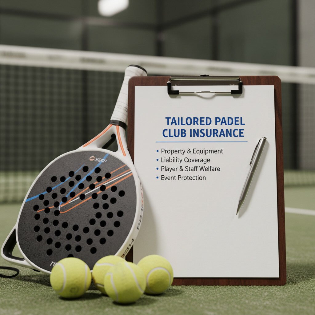 Insurance paperwork next to padel rackets and balls, representing specialized insurance solutions for padel clubs