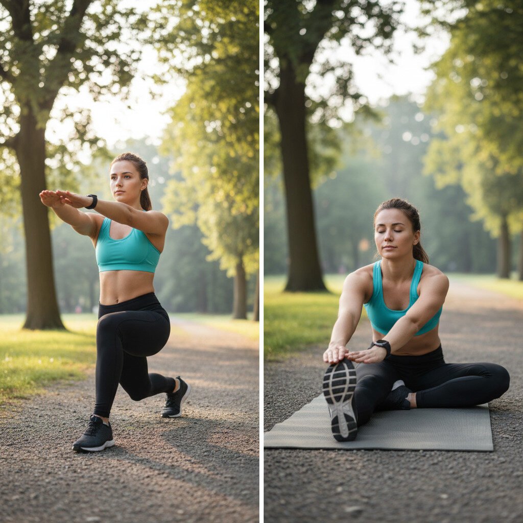 Runner doing warm-up leg swings and cool-down stretches for knees